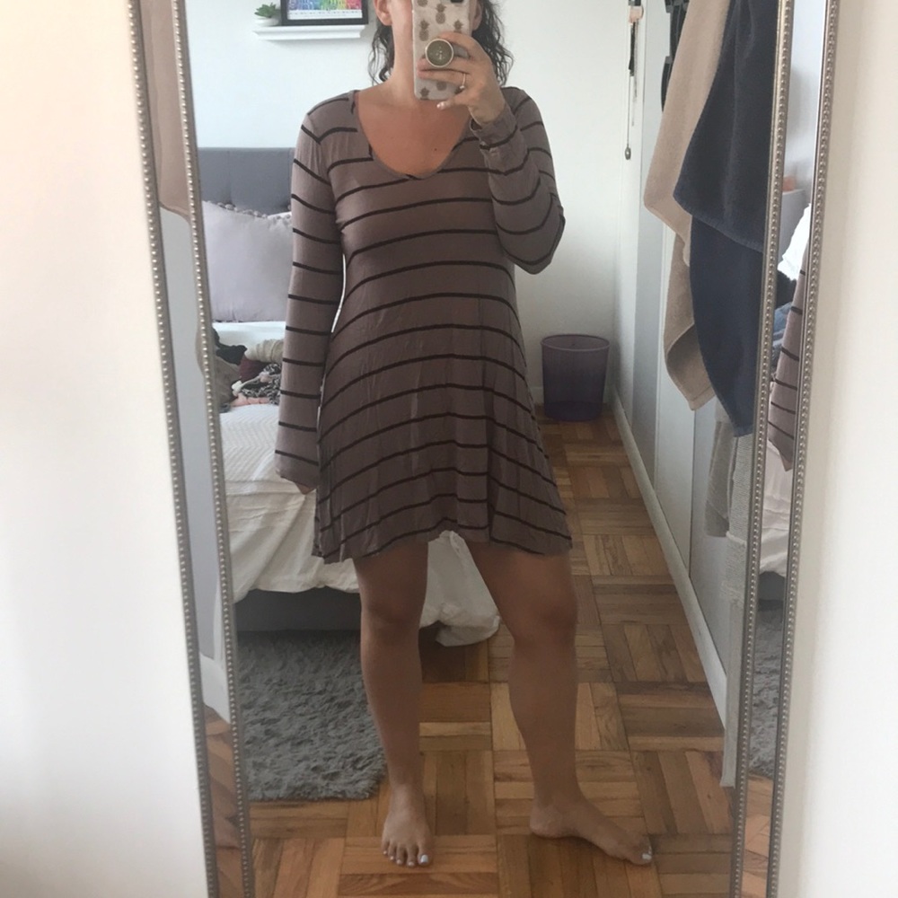 Mauve with black stripe long sleeve casual dress